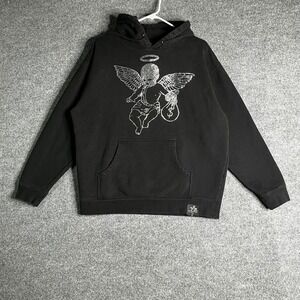 Hasta Muerte Men Rhinestone Angel Money Bag Hoodie Black Large Streetwear Fleece